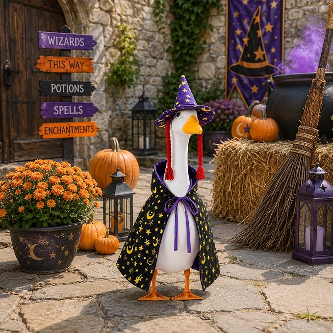Watayo 2 Pcs/Set Halloween Witch Porch Goose Outfits, Purple Witch Goose Clothes Included Cape and Braid Hat, Spooky Porch Goose Accessories for 23 Inch Lawn Statue Garden Outdoor Decor