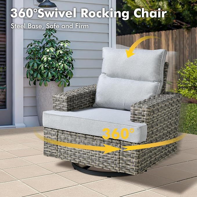 Weaxty 10 Pieces Outdoor Patio Furniture Set with Swivel Rocking Chair, Outdoor Sectional Sofa Couch Wicker Modular Patio Conversation Set w/42 Fire Pit and Coffee Side Table,Gray