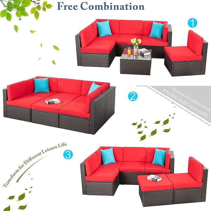 Vongrasig 6 Piece Small Patio Furniture Sets, Outdoor Sectional Sofa All Weather PE Wicker Patio Sofa Couch Garden Backyard Conversation Set with Glass Table,Red Cushions and Blue Pillows (Red)