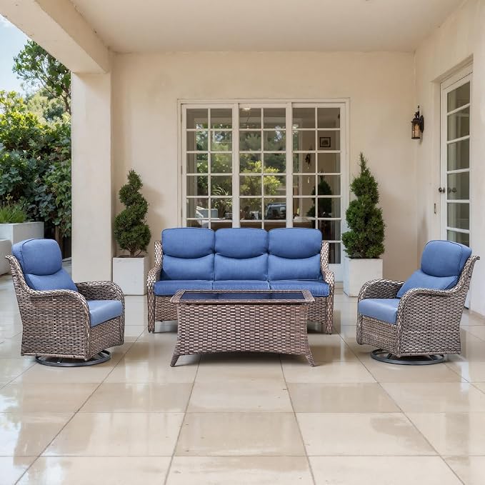 Outdoor Swivel Rocker Patio Chairs Set of 4 with Sofa - 5" Thick Cushion 4 Piece Furniture Set with Sofa All Weather Wicker Conversation Set for Porch Deck - Brown Wicker | Blue Cushions