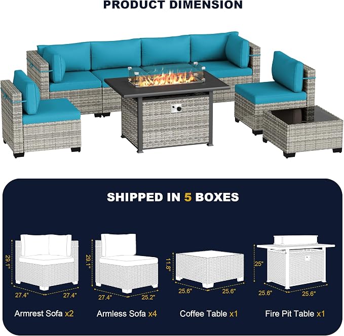 8-Piece Outdoor Patio Furniture Set with 55,000 BTU Fire Pit Table, PE Wicker Rattan Sectional Sofa Conversation Set - All-Weather Garden, Backyard Furniture, Turquoise