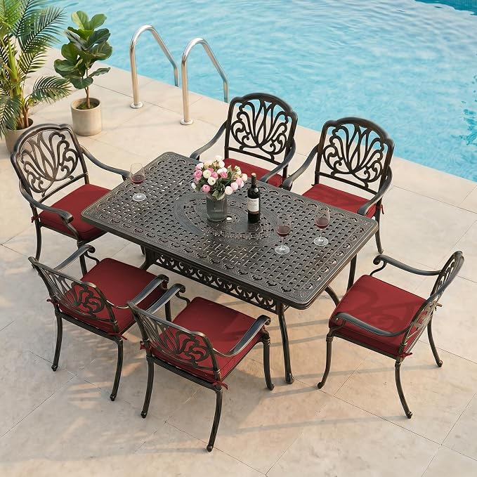 VIVIJASON 7-Piece Outdoor Furniture Dining Set, All-Weather Cast Aluminum Patio Conversation Set, Include 6 Cushioned Chairs and a Rectangle Table with Umbrella Hole for Balcony Backyard, Red Cushion