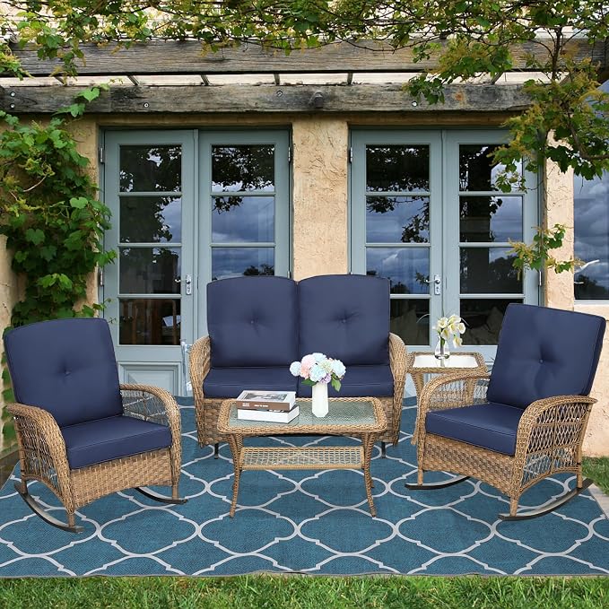 5-Piece Wicker Patio Furniture Sets Outdoor All-Weather Rattan Conversation Set Includes Glider Loveseat, 2 Glass-Top Coffee Tables, 2 Rocking Chairs for Porch Backyard, Navy Blue