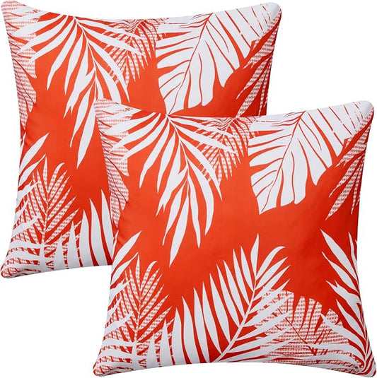 Allorry Outdoor Pillow Covers 18x18 Set of 2 Tropics Palm Leaves Brick Red Floral Pattern Decoration Throw Pillow Covers for Outdoor Waterproof Furniture Garden Patio Sofa Bedroom Home Decor JB008-C18