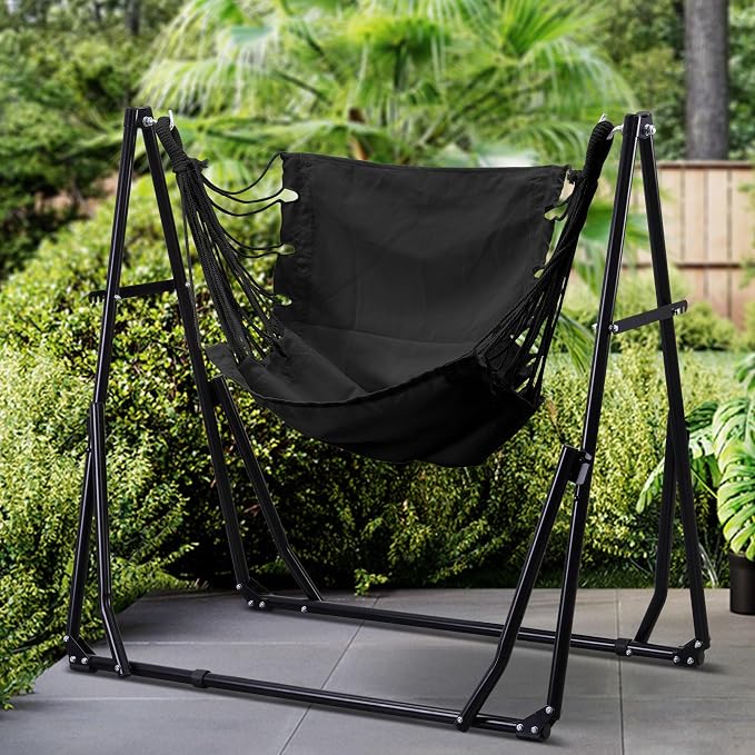 Ainfox Hammock with Foldable Stand, 2 in 1 Hammock and Swinging Chair with Carrying Bag, Portable Camping Chair Suitable for Outside, Swing,Patio,Garden,Camping Trip Black