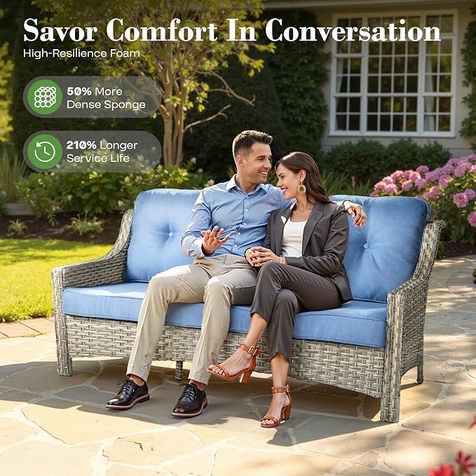 ovios 6 Piece Outdoor Patio Furniture with 3 Seat Sofa,Rattan Wicker Coversation Set with High Back,Sectional Single Sofa with Ottoman for Outside Porch Balcony Backyard Pool, Blue