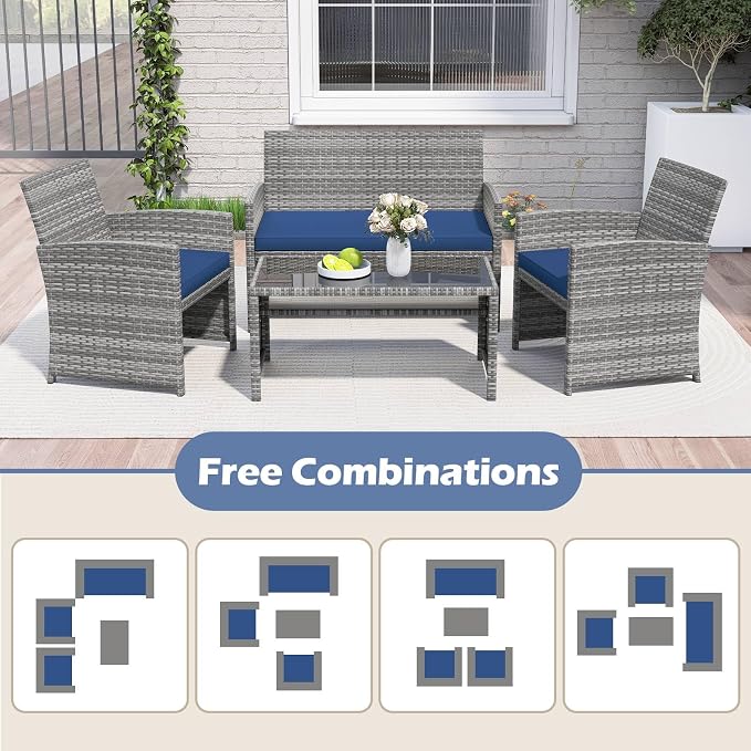 RELAX4LIFE 4-Piece Patio Furniture Set - Wicker Rattan Outdoor Sectional Sofa Set w/Glass Coffee Table, Loveseat, 2 Single Chairs & Soft Cushions, Bistro Conversation for Garden Porch (1, Navy)