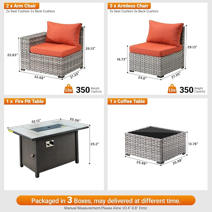 7-Piece Patio Furniture Set, Outdoor Wicker Rattan Patio Furniture Sectional Set with Coffee Table, All Weather Outdoor Fire Pit Conversation Set for Porch Backyard Balcony Garden, Orange-Red