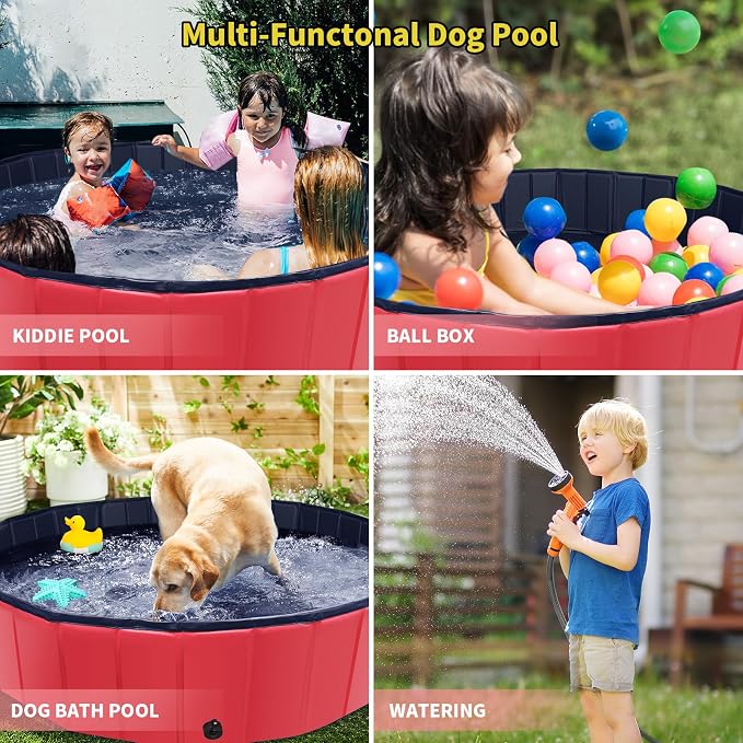 CACSPS Foldable Dog Pool, 87" x 14" Large Kiddie Pool with Hard Plastic, Non-Slip Dog Bath Tub for Outdoor Backyard, Collapsible Dog Swimming Pool for Kids Dogs Pets (Red)