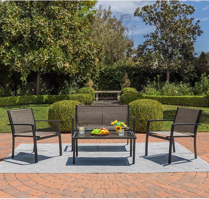 Devoko 4 Pieces Patio Furniture Set Outdoor Garden Patio Conversation Sets Poolside Lawn Chairs with Glass Coffee Table Porch Furniture (Brown)