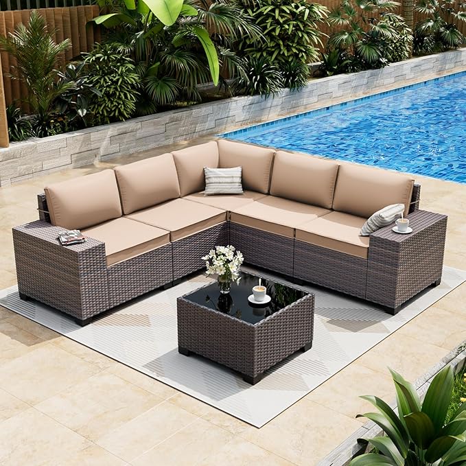 ALAULM 6 Pieces Patio Furniture Set, Oversized Seat/Armrest and High Back Wicker Sectional Furniture Set with Thick Cushion for Backyard, Garden, Sand
