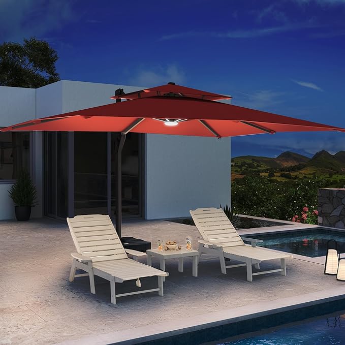 10 X 13 FT Cantilever Patio Umbrella with Led Lights and Base Included Outdoor Heavy Duty Double Top Rectangle Offset Umbrellas with 360-degree Rotation for Pool Deck Backyard, Wine Red