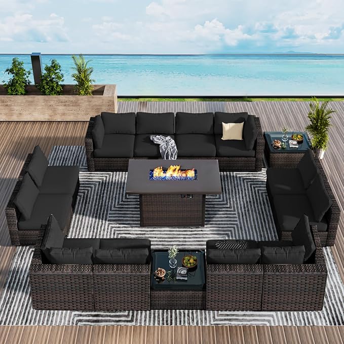 Grezone 15 Piece Patio Furniture Set with 44" Fire Pit Table, Outdoor Sectional Couch, PE Rattan Patio Conversation Sets with 4inch Cushions for Backyard Black