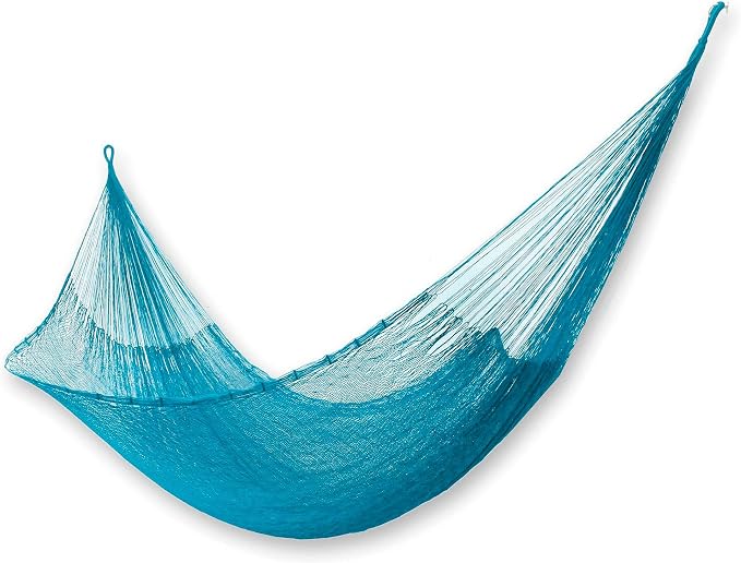 NOVICA Turquoise Blue Nylon Hand Woven Mayan Rope 2 Person XL Hammock with Hanging Accessories, 'Maya Bondi' (Double)