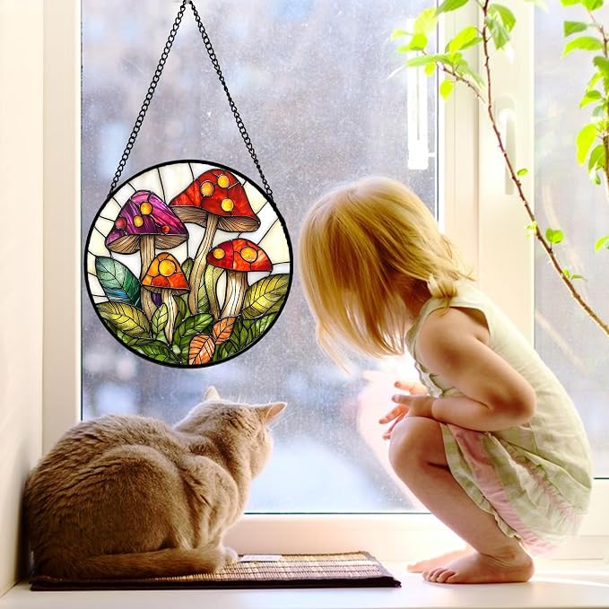 DASTOLL Stained Glass Window Hanging, Mushroom Leaves Suncatcher for Doors Home Sun Catchers Decoration and Christmas, Mother's Day Birthday Gifts for Women, Men, and Mom 11.8x11.8 in
