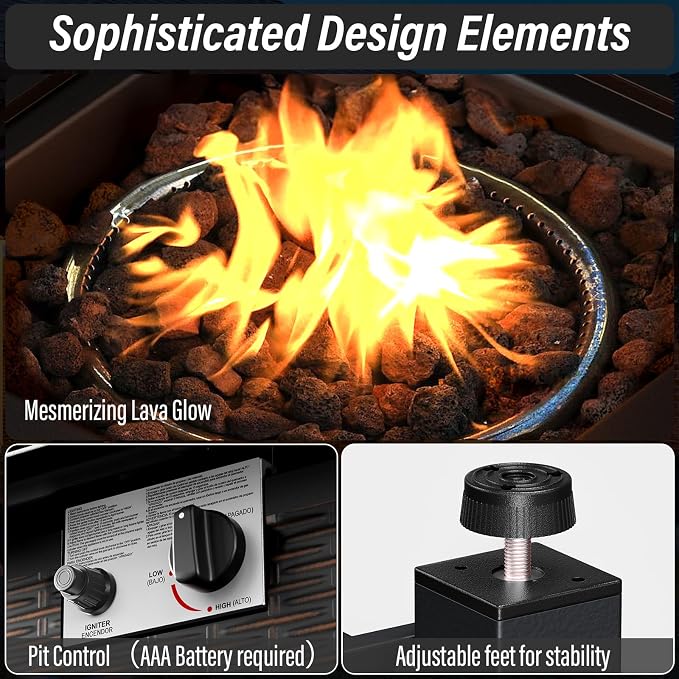 Belord 5 Pieces Patio Furniture Set with 30” Propane Fire Pit Table, Deep Seating Swivel Rocker Glider Outdoor Chairs Set of 4 with Side Table Set of 2 Patio Conversation Set Black Wicker