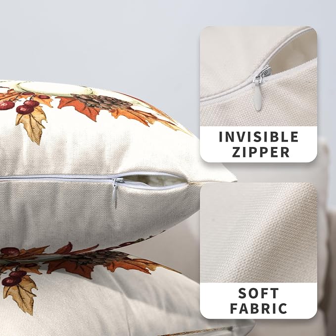 Fall Pumpkin Pillow Covers 18x18 Set of 2 Autumn Harvest Throw Pillow Covers Maple Leaves Pillowcase Thanksgiving Cushion Case for Home Decor Outdoor Sofa