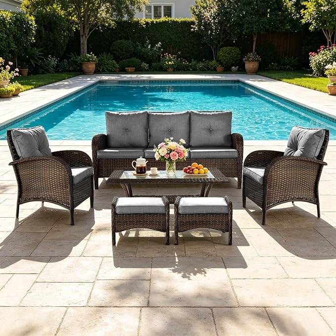 SHGJ&SOFT All Weather Patio Furniture Set, High Back Swivel Rocker Glider Chairs，Ottomans & Glass Tables, Outdoor Conversation Set for Deck Porch Yard Poolside (Grey, 7PCS-Sofa&Chairs&Ottomans&Table)