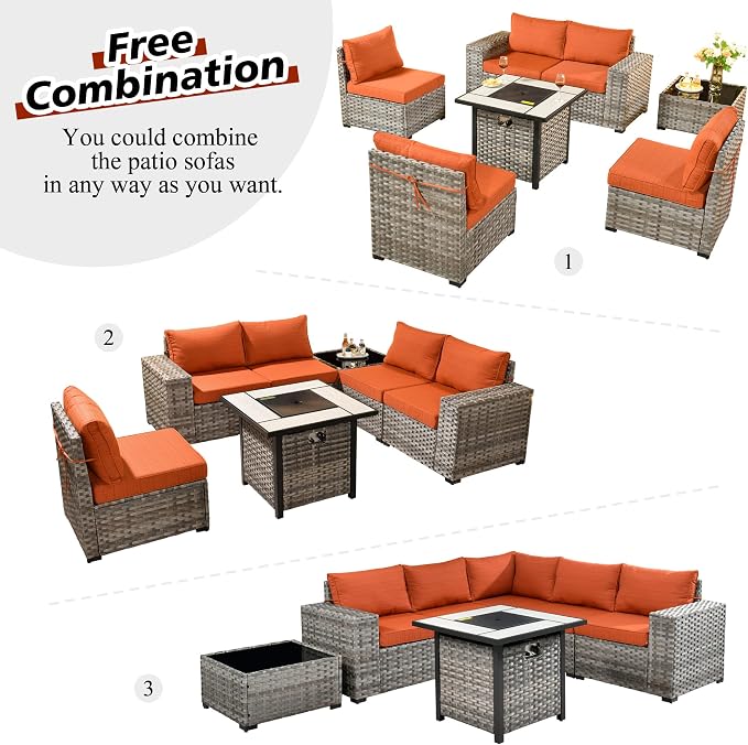 HOOOWOOO Outdoor Patio Sectional Furniture Sofa Set with Propane Gas Fire Pit Table,7 Piece Small Modern Wicker Couch with Widened Armrest,Modular Conversation Seating Set for Out Door(Orange Red)