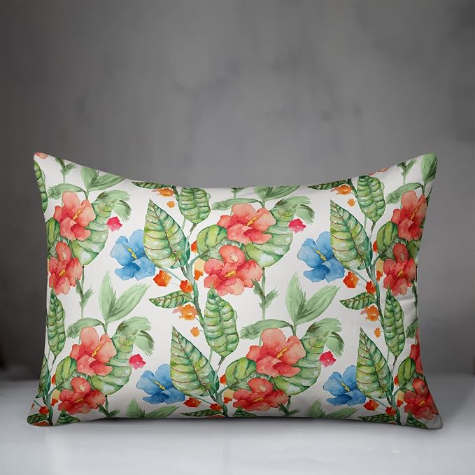 Tropical Floral Pattern Indoor/Outdoor Pillow | Decorative Pillows for Living Room Couch Bed Sofa Patio, Fluffy Soft Cushion | Water Resistant Green, 14x20