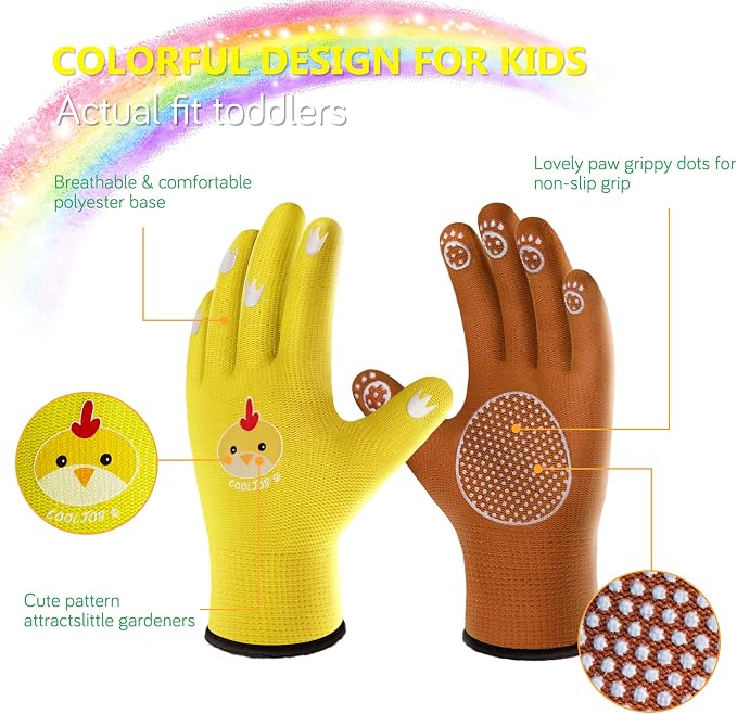 COOLJOB Breathable Toddler Work Gloves for Gardening Boy Girl Ages 6-9 Large, Nylon Kids Garden Gloves with Grip, Children Yard Gloves for Digging Weeding Landscaping, Yellow & Brown, 2 Pairs
