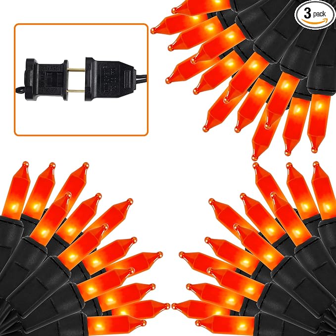 LJLNION 3 Pack Halloween Lights Outdoor, Each 29ft 150 Count Black Wire Incandescent Fairy Mini Lights, 120V UL Certified Clear Light String, Connectable for Patio Tree Party Home Decor, Orange