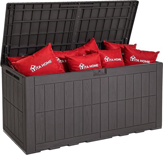 YITAHOME 134 Gallon Large Outdoor Storage Box with Lock, Waterproof Deck Box with Hydraulic Piston for Garden Tools, Pool Accessories & Cushions, Resin Deck Organizer with Bench Seat (Dark Brown)