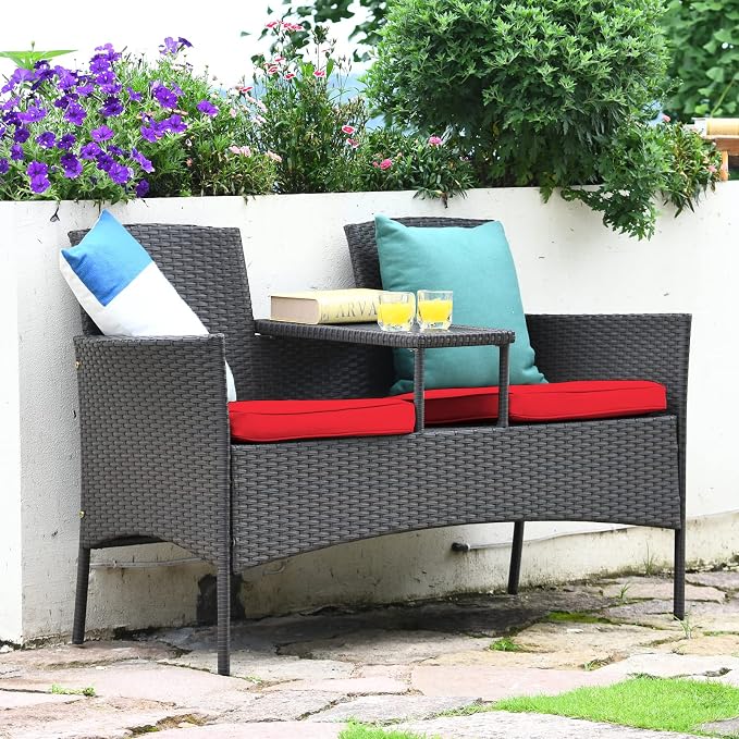 Tangkula Outdoor Rattan Loveseat, Patio Conversation Set with Cushions & Table, Modern Patented Wicker Sofa Set with Built-in Coffee Table, Rattan Sofas for Garden Lawn Backyard