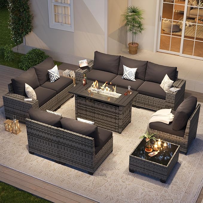 Aoxun Patio Furniture Sets with 44'' Fire Pit, 10 Pcs Outdoor Patio Coversation Set with 4'' Thicken Cushion, Widen Armrests Wicker Outdoor Sectional for Backyard & Garden, Black