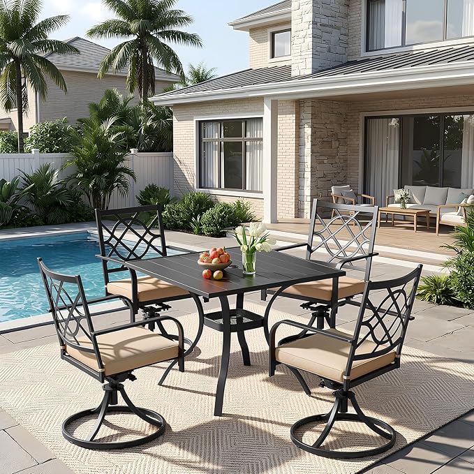 Crownland 5 Piece Patio Dining Set, 4 Swivel Metal Chairs and Square Outdoor Dining Table with 1.57" Umbrella Hole (Metal Tabletop)