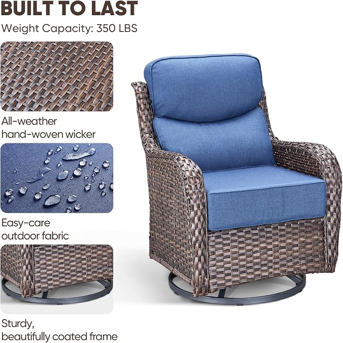 Swivel Patio Chairs Set of 3 with 6" Thick Cushion - Wicker Outdoor Swivel Rocker Patio Chairs with Side Table, High Back Comfortable Outdoor Glider Chair - Brown Wicker Blue Cushion
