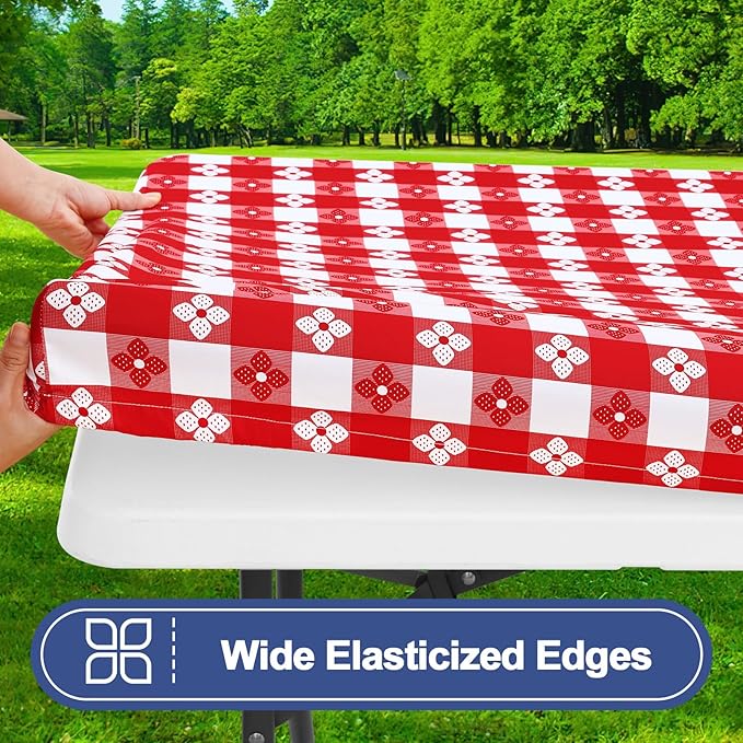 Smiry Picnic Table Cover with Bench Covers, Waterproof Elastic Fitted Tablecloth for 5 Foot Tables, Washable Polyester Tablecloths for Camping, Indoor & Outdoor (Red & White, 30x60 Inch 3-pc Set)