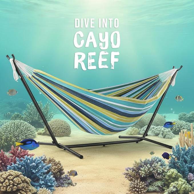 Vivere Double Cotton Combo Outdoor Backyard Patio Hammock with Stand, Cayo Reef