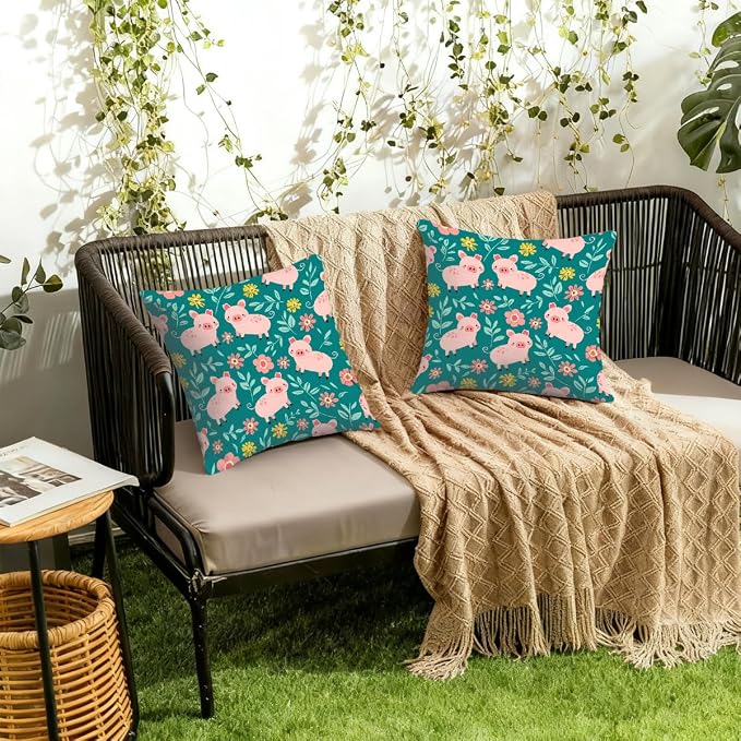 18x18 Inch Outdoor Pillow Covers Set of 2 Waterproof Throw Pillow Covers Decorative Couch Cushion Covers Pigs Green Leaves Square Pillowcases Protectors for Patio Garden Sofa