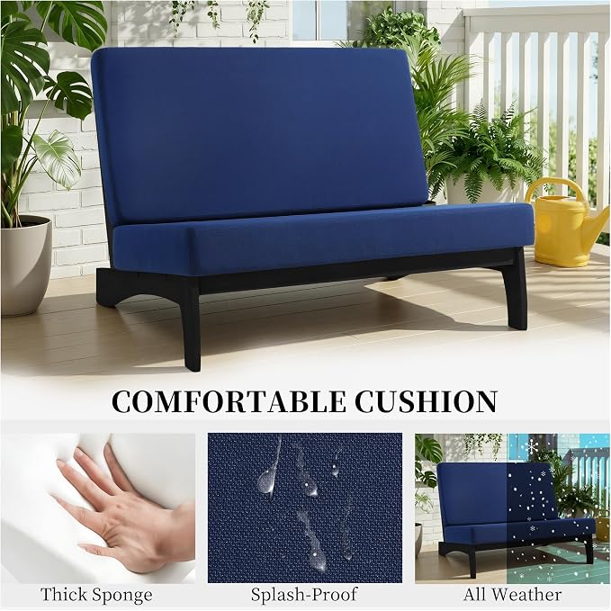 6 Piece Teak Outdoor Patio Frutnire Set, 7 Seater Patio Conversation Sets with Thick Cushions, Outdoor Sectional Furniture with Coffee Table - Navy Blue