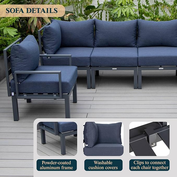 LeisureMod 6-Piece Patio Sectional Set in Black Aluminum with Removable Blue Cushions for Patio and Backyard Garden