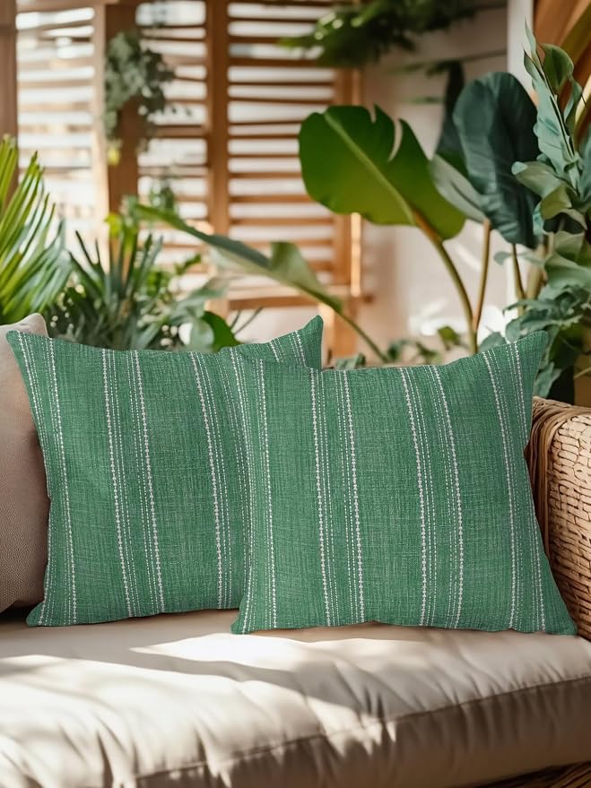 Waterproof Outdoor Pillow Set of 2 Green Linen Stripes Decorative Throw Pillows Cover & Insert 18x18 Inch Pillowcase Parallel Vertical Lines Pillows for Couch Sofa Bed Patio Furniture Indoor Outdoor