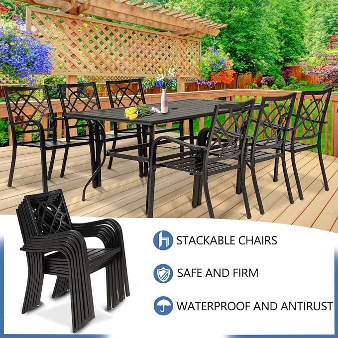 Oakcloud 7-Piece Patio Dining Set with Brown Umbrella, Outdoor Metal Furniture Dining Table Set 6 Stackable Patio Dining Chairs and Rectangle Dining Table with Umbrella Hole