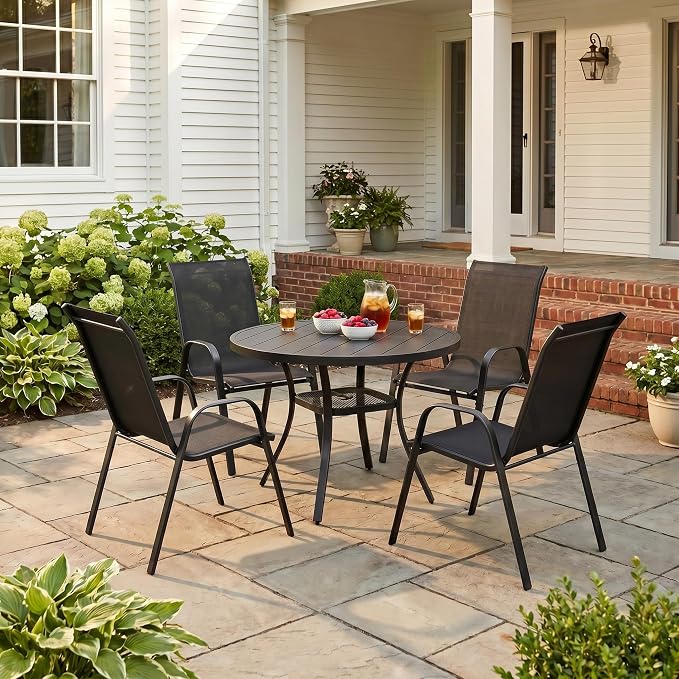 VICLLAX Patio Dining Set for 4, All Weather Metal 5 Pieces Patio Set-40.6" Round Outdoor Table and Stackable Chairs for Lawn Garden and Backyard, Black Tabletop
