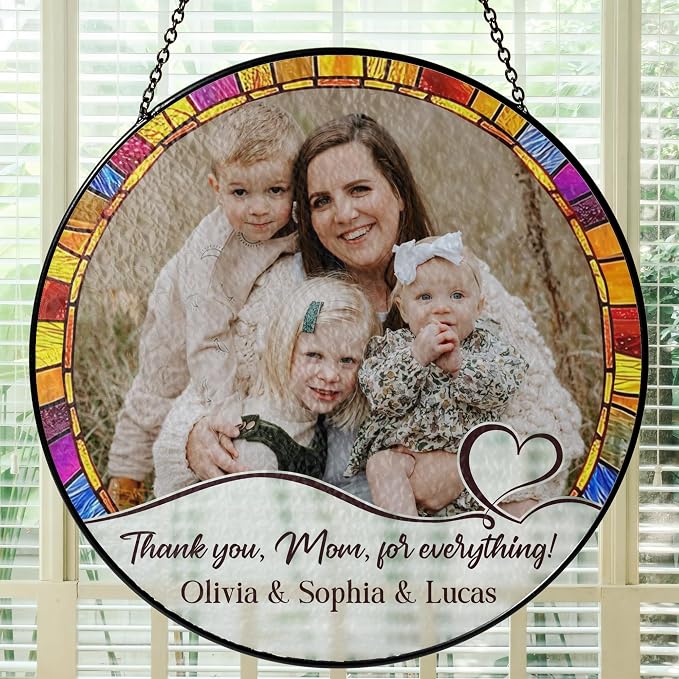 Thank You Mom Personalized Photo Stained Glass Window Hanging Suncatcher - Custom Photo, Message, Name-Keepsake Mother's Day, Birthday Gift- Heartfelt Home Decoration (Thank You Mom)