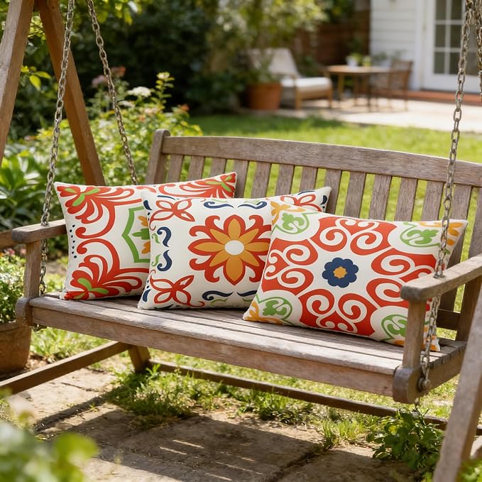 Pyonic Outdoor Waterproof Throw Pillow Covers for Patio Furniture Decorative Boho Pillow Covers 12x20 Floral Printed for Patio Tent Couch Garden Set of 4,Orange