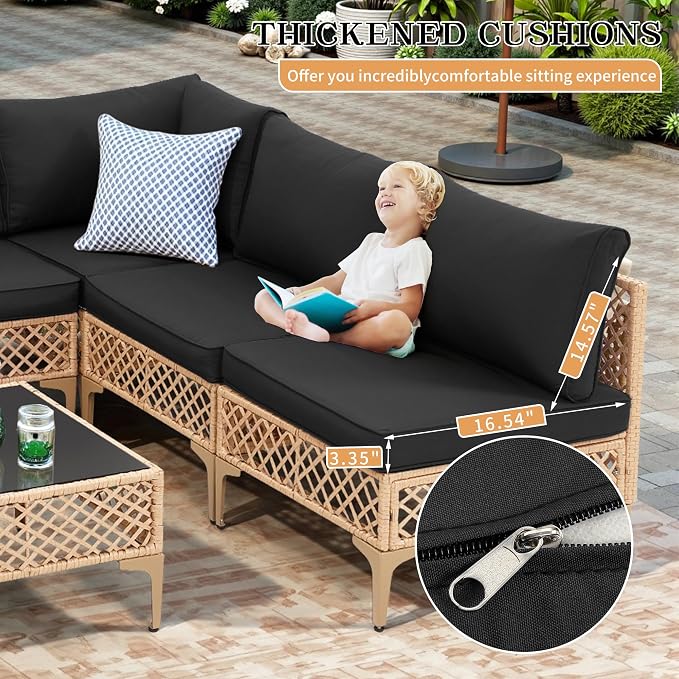 FHFO 7 Piece Outdoor Wicker Patio Furniture Set, Yellow/Black | Sectional Sofa | All-Weather Hand-Woven Rattan | Tempered Glass Coffee Table | Free Combination | Indoor & Outdoor Use