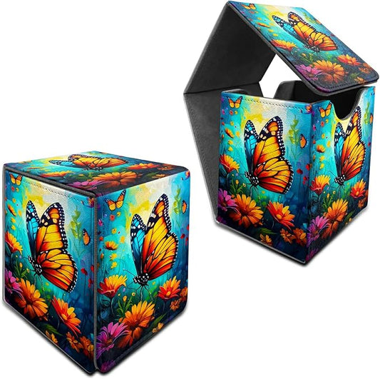 Deck Box for MTG, Cards Storage Box Fits 120+ Sleeved, Leather Medium Size Strong Magnetic Closing Card Case for Board Games Magic TCG CCG Baseball Collection, Butterfly Blue Sky