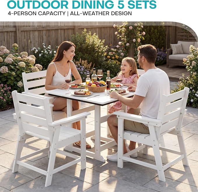 HDPE Dining Chair Set of 2, All-Weather Patio Dining Chair with Armrests, Wood Grain Texture, Heavy Duty Outdoor Furniture for Backyard, Garden.White