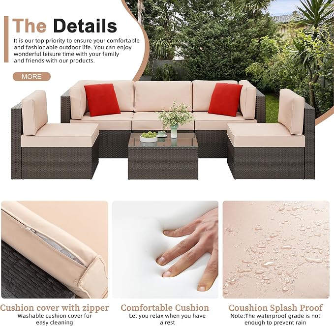 6 Pieces Patio Furniture Set Outdoor Couch Wicker Sectional Sofa, Beige
