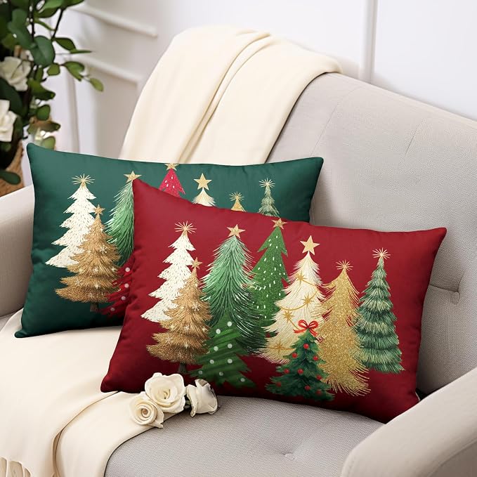 Green and Red Christmas Lumbar Pillow Covers Set of 2 Colorful Xmas Tree Throw Pillow Covers 12x20 Winter Rectangular Pillow Case Holiday Cushion Case for Couch Sofa Decor