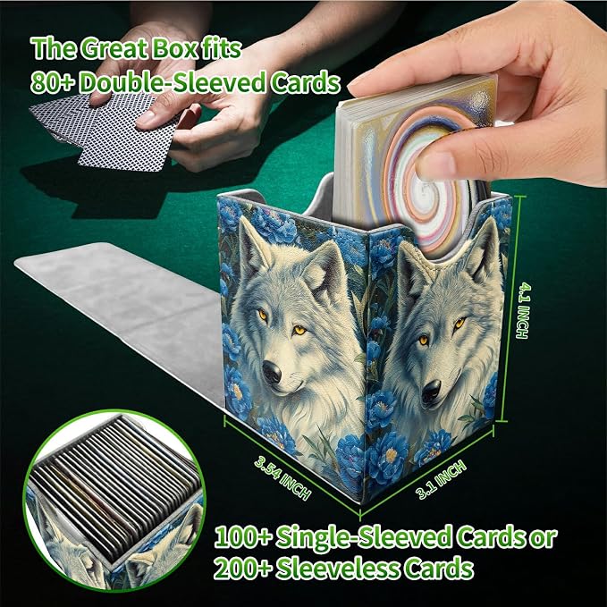 Purple Flower Wolf Card Deck Box for MTG, Personalized Card Storage Case Fits 120+ Sleeved Cards, Premium Leather TCG Box with Strong Magnetic Closure for Magic, CCG, PTCG, Baseball Cards