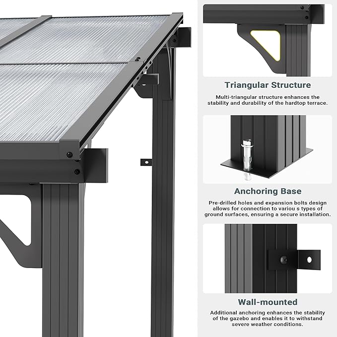AirWire 10x16 FT Gazebo, Pergola Awnings for Patio with Hardtop Gazebos on Clearance, Patio Covers for Shade and Rain, Lean to Gazebo Sunroom Patio Canopy Outdoor Pergolas for Patios, Decks, Backyard