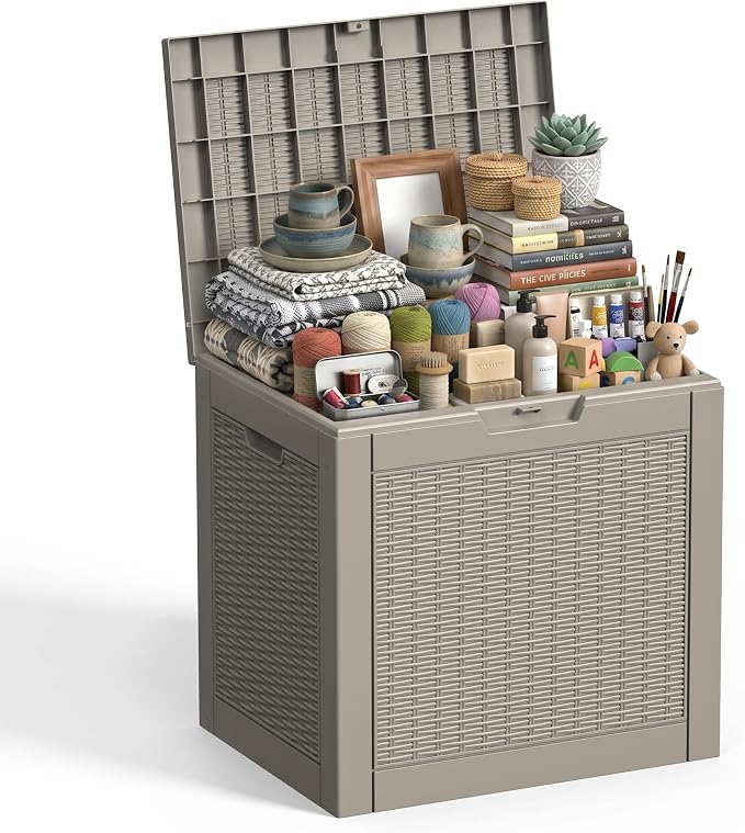 EasyUp 37 Gallon Deck Boxes Outdoor Waterproof, Resin Outside Storage Box for Patio Cushion Furniture Pool Accessories Garden Tools Indoor Outdoor Storage Bench (37 Gallon, Grey)