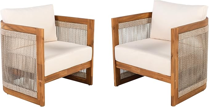 Christopher Knight Home Malphite 3 Pieces Conversation Set, Acacia Wood Chat Set, Round Coffee Table and Woven Rope Accent Chairs, Slat Design Patio Furniture Set for Backyard Garden, Beige + Teak
